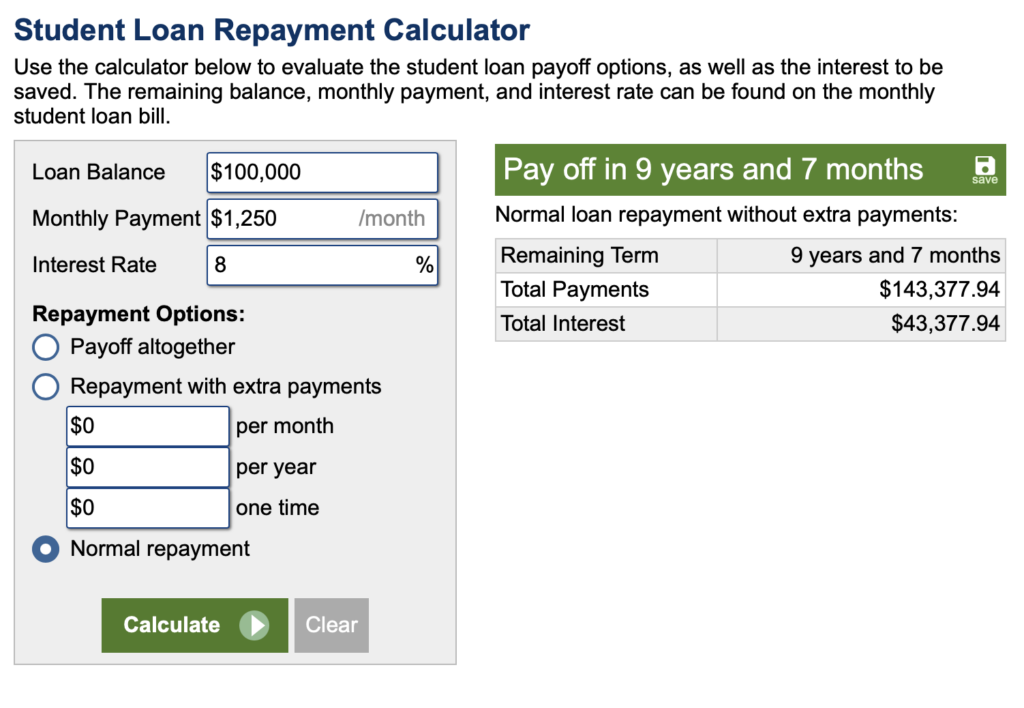 Student loan calculator illustration showing the power of one additional monthly payment as part of Think and Talk Money's 10 student loan tips for lawyers and professionals.